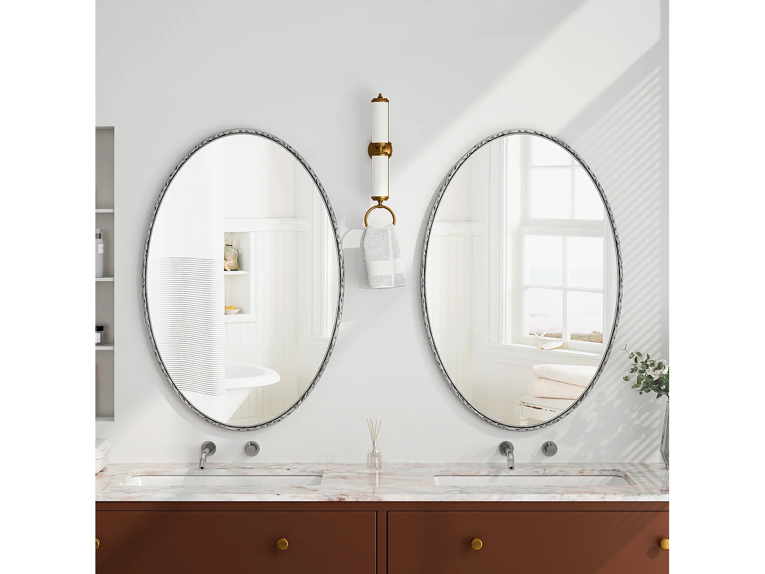 Miroir Ovale avec Cadre en Fer, Style Rétro Antique, Accroche Murale, Verre et MDF, Argenté (65x3x100 cm)