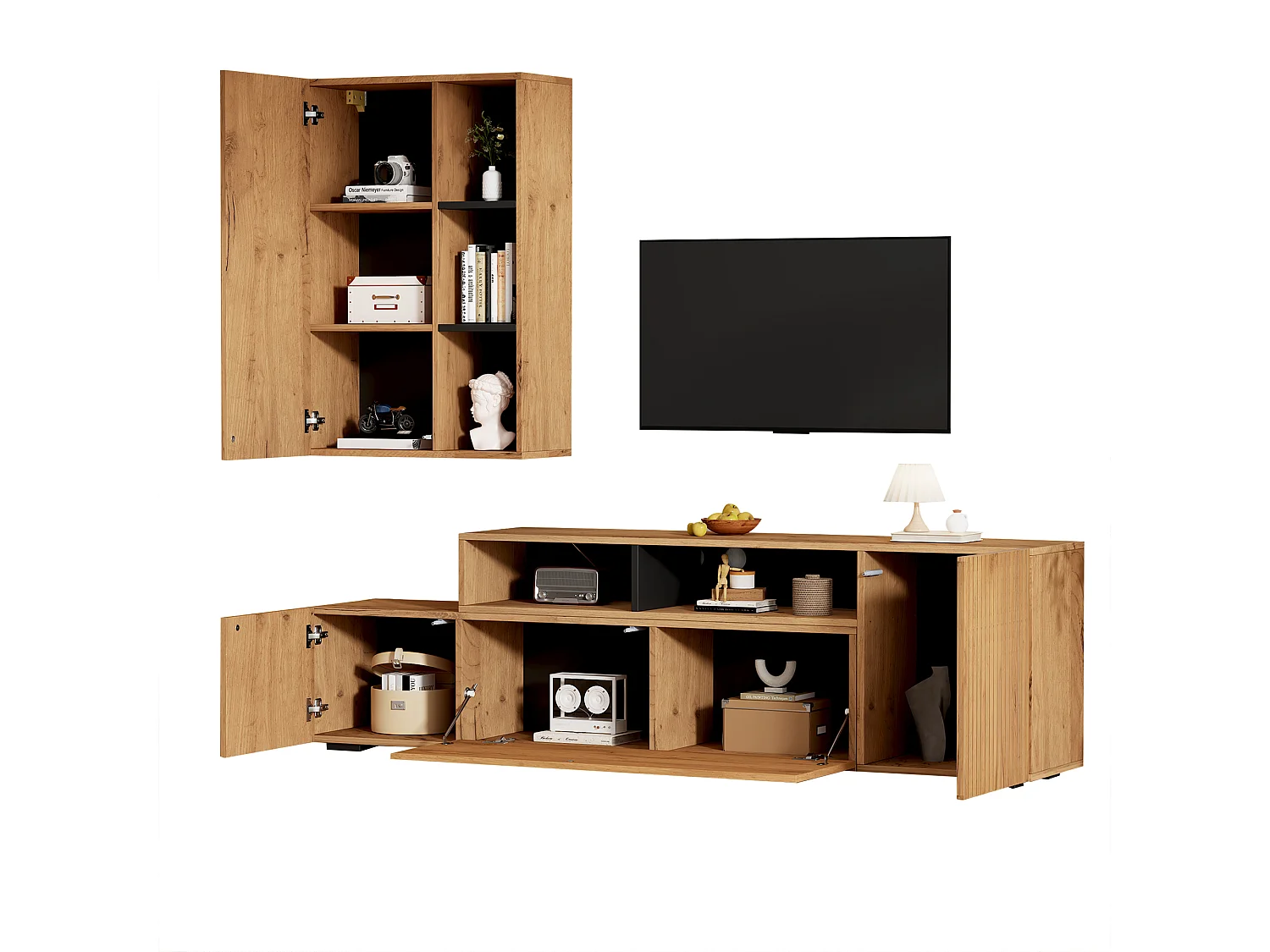 Meubelset - TV-meubel met 3 deuren + wandkast - spaanplaat - naturel