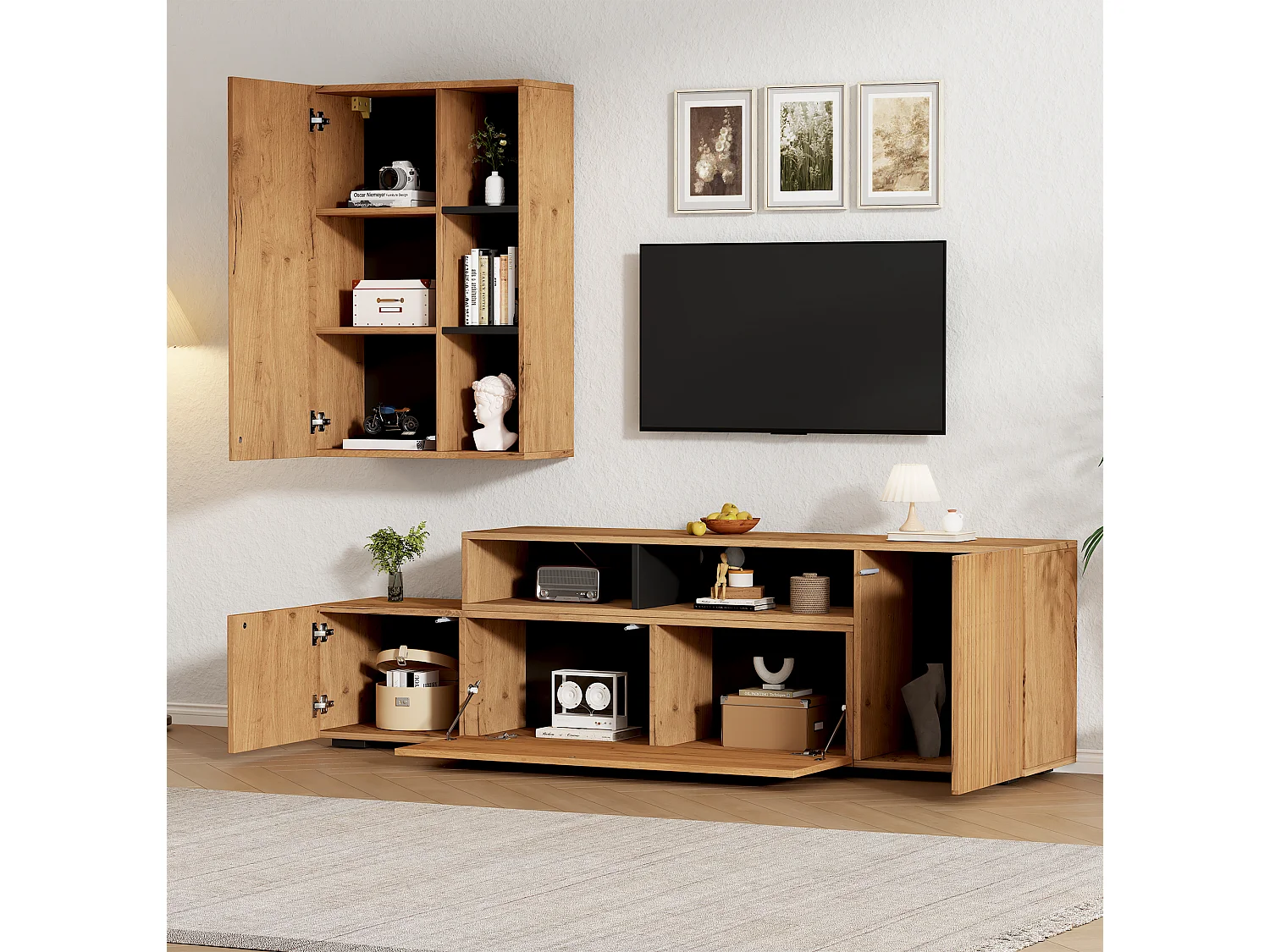 Meubelset - TV-meubel met 3 deuren + wandkast - spaanplaat - naturel