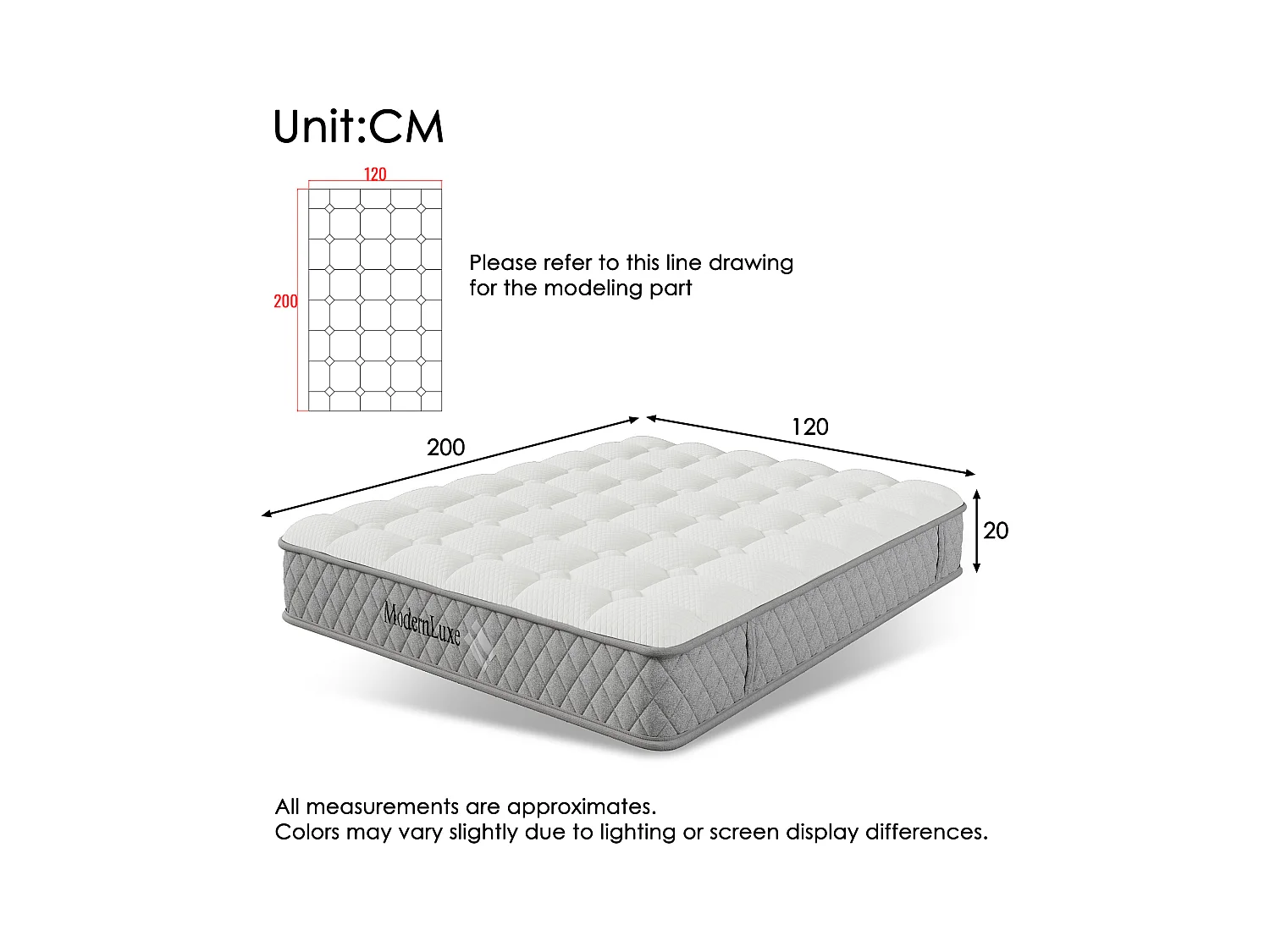 Orthopedisch matras 120x200 cm met 7-zone pocketvering, H3, koudschuim, OEKO-TEX® gecertificeerd (200x120x20 cm)
