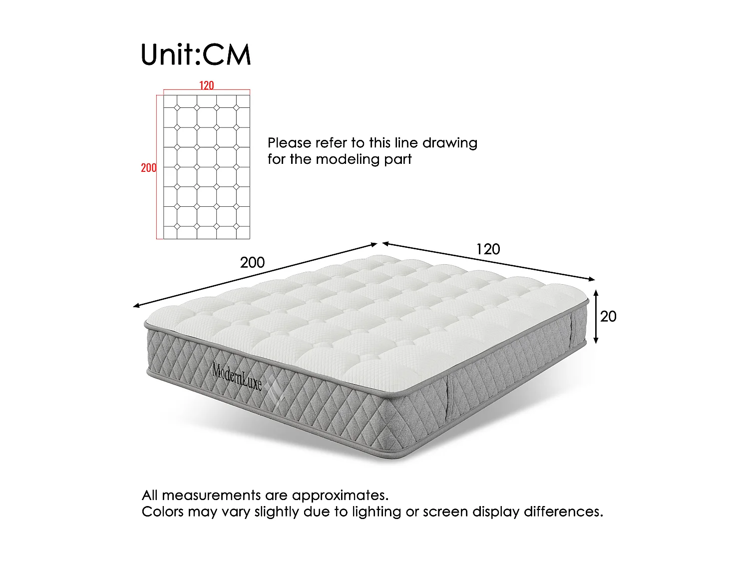 Matelas orthopédique 120x200 cm avec ressorts ensachés à 7 zones, H3, mousse froide, certifié OEKO-TEX® (200x120x20 cm)
