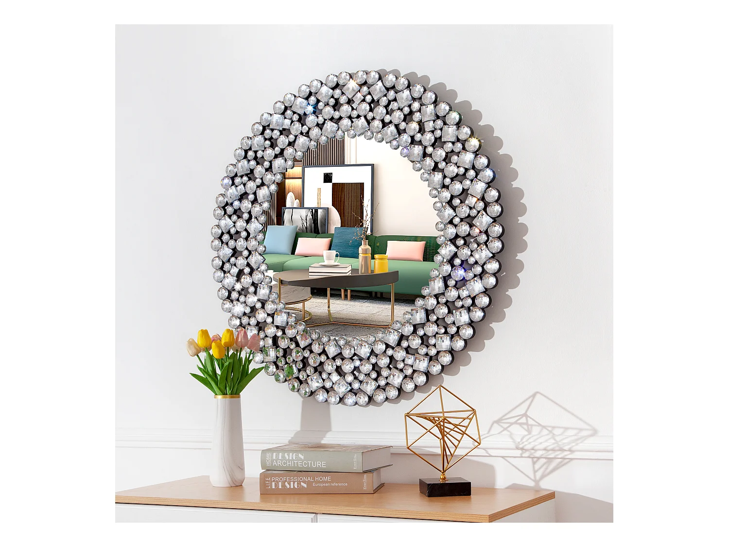 Espejo de pared redondo decorativo con detalles de cristal, marco de MDF y vidrio, plateado (86 x 2,8 x 86 cm)