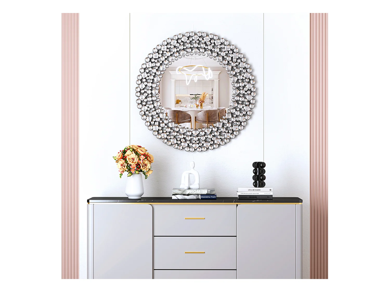 Espejo de pared redondo decorativo con detalles de cristal, marco de MDF y vidrio, plateado (86 x 2,8 x 86 cm)