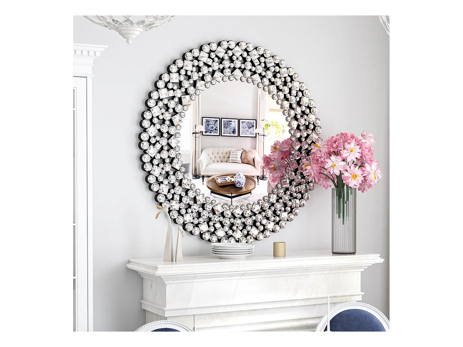 Espejo de pared redondo decorativo con detalles de cristal, marco de MDF y vidrio, plateado (86 x 2,8 x 86 cm)