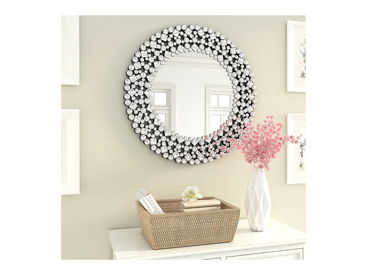 Espejo de pared redondo decorativo con detalles de cristal, marco de MDF y vidrio, plateado (86 x 2,8 x 86 cm)