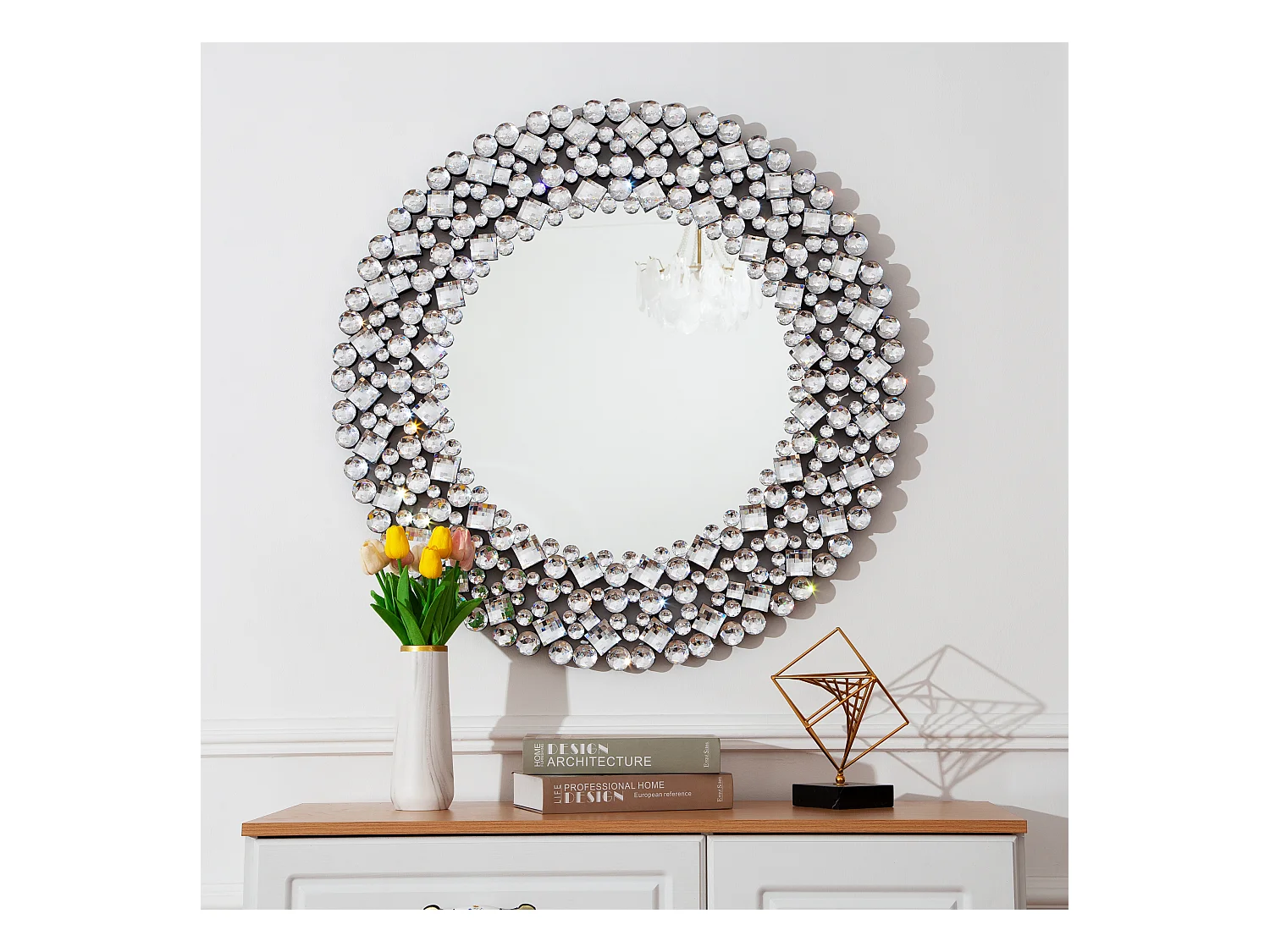 Espejo de pared redondo decorativo con detalles de cristal, marco de MDF y vidrio, plateado (86 x 2,8 x 86 cm)