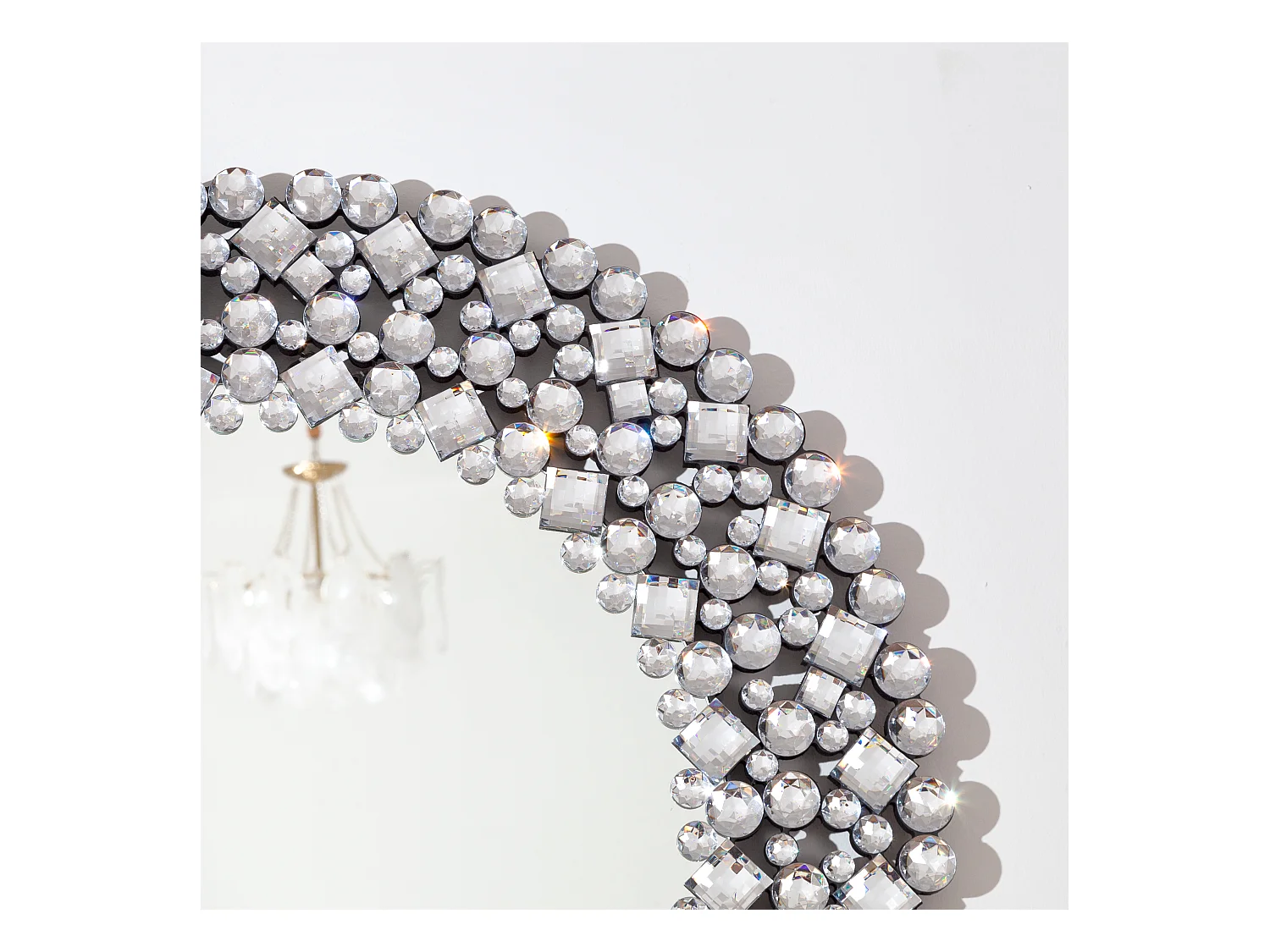 Espejo de pared redondo decorativo con detalles de cristal, marco de MDF y vidrio, plateado (86 x 2,8 x 86 cm)