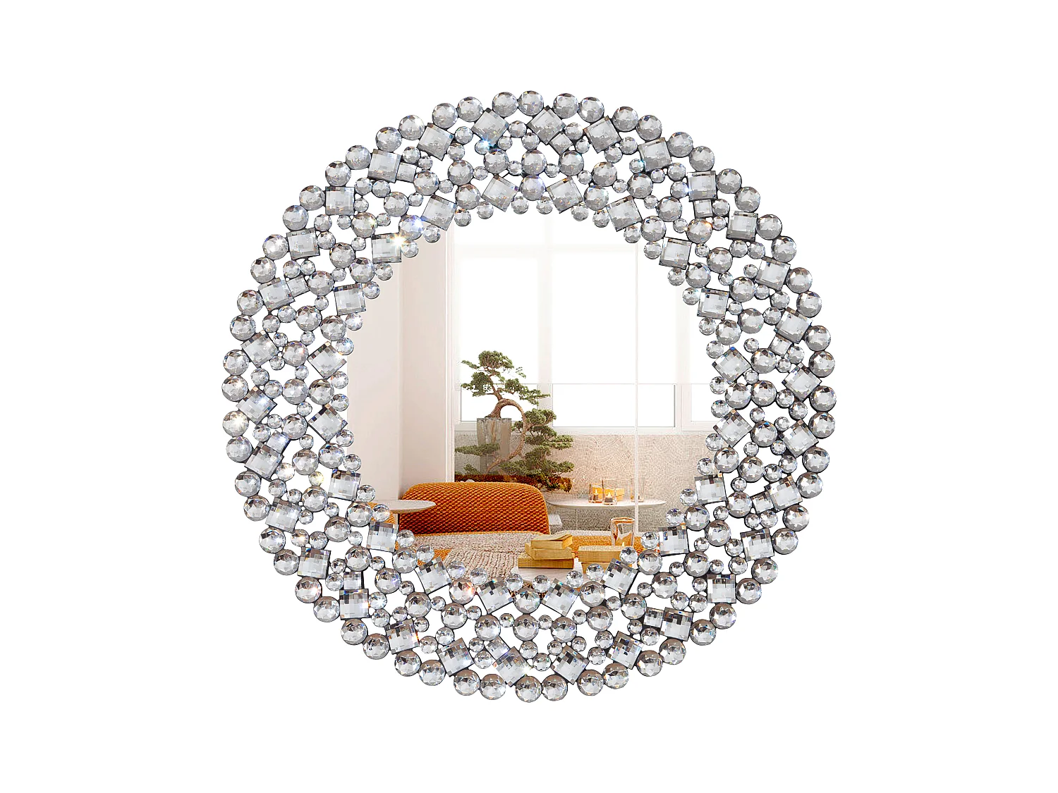 Espejo de pared redondo decorativo con detalles de cristal, marco de MDF y vidrio, plateado (86 x 2,8 x 86 cm)