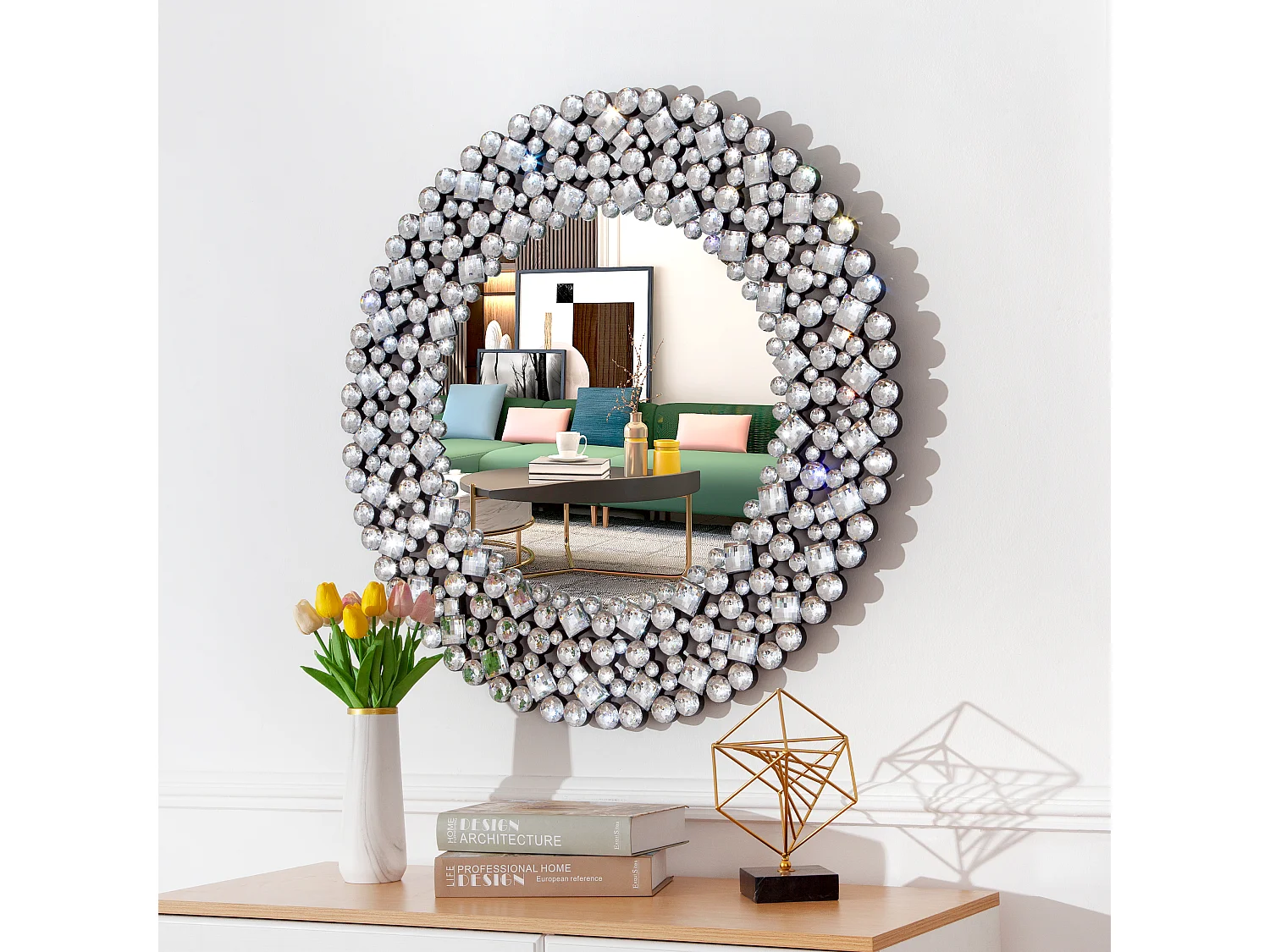 Miroir mural rond décoratif, accent cristallisé, cadre en MDF et verre, argenté (86x2.8x86 cm)