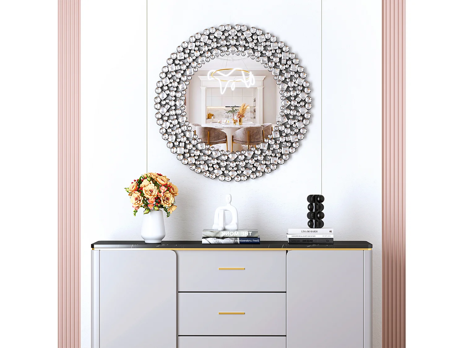 Miroir mural rond décoratif, accent cristallisé, cadre en MDF et verre, argenté (86x2.8x86 cm)