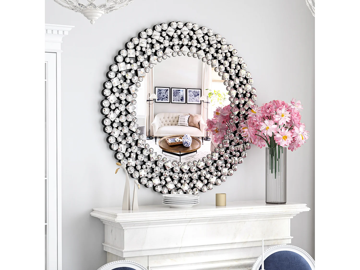 Miroir mural rond décoratif, accent cristallisé, cadre en MDF et verre, argenté (86x2.8x86 cm)