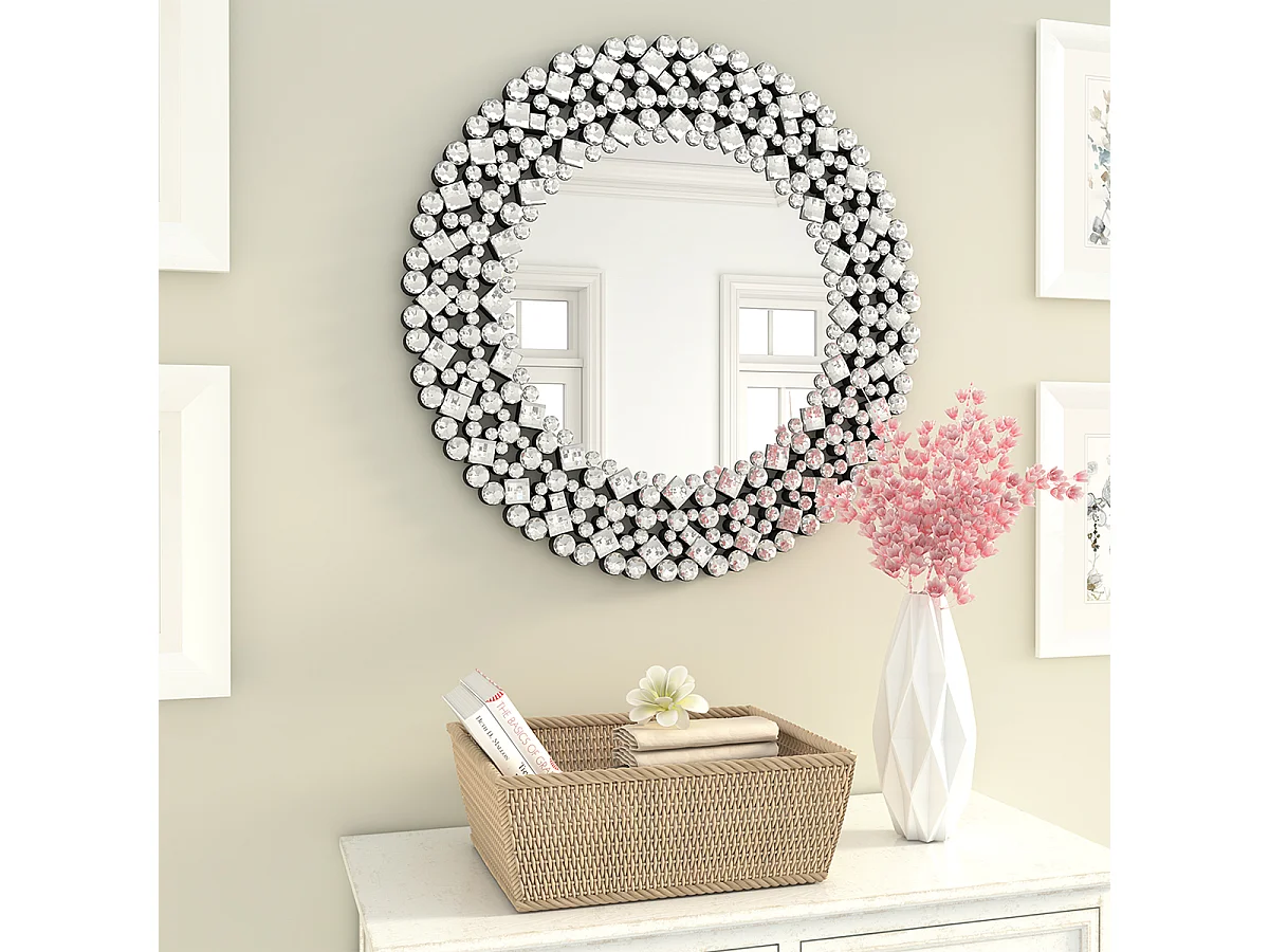 Miroir mural rond décoratif, accent cristallisé, cadre en MDF et verre, argenté (86x2.8x86 cm)