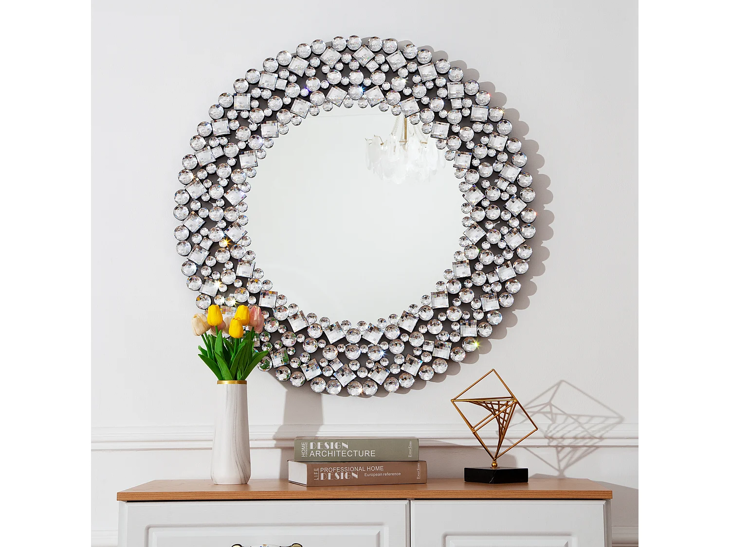 Miroir mural rond décoratif, accent cristallisé, cadre en MDF et verre, argenté (86x2.8x86 cm)