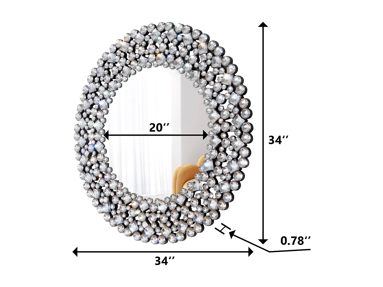 Miroir mural rond décoratif, accent cristallisé, cadre en MDF et verre, argenté (86x2.8x86 cm)
