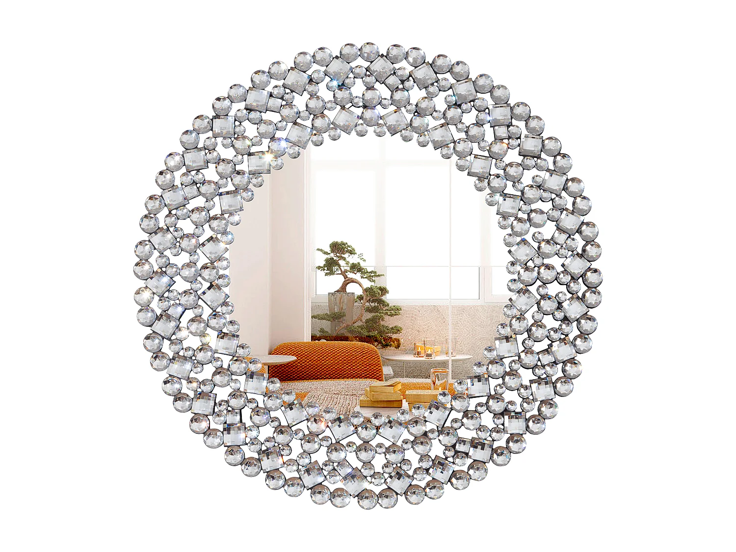 Miroir mural rond décoratif, accent cristallisé, cadre en MDF et verre, argenté (86x2.8x86 cm)