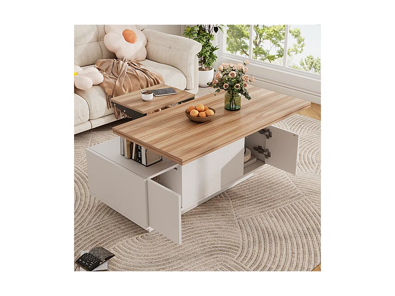 Moderner hochklappbarer Couchtisch – 100 x 50 x 40 cm – mit 2 Türen + verstecktem Stauraum – Spanplatte – weiß