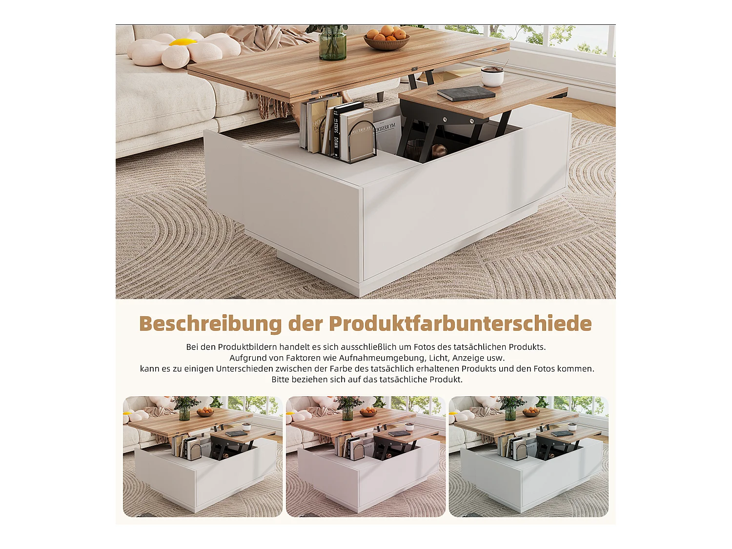 Table basse moderne relevable - 100 x 50 x 40 cm - avec 2 portes + rangement caché - aggloméré - blanc