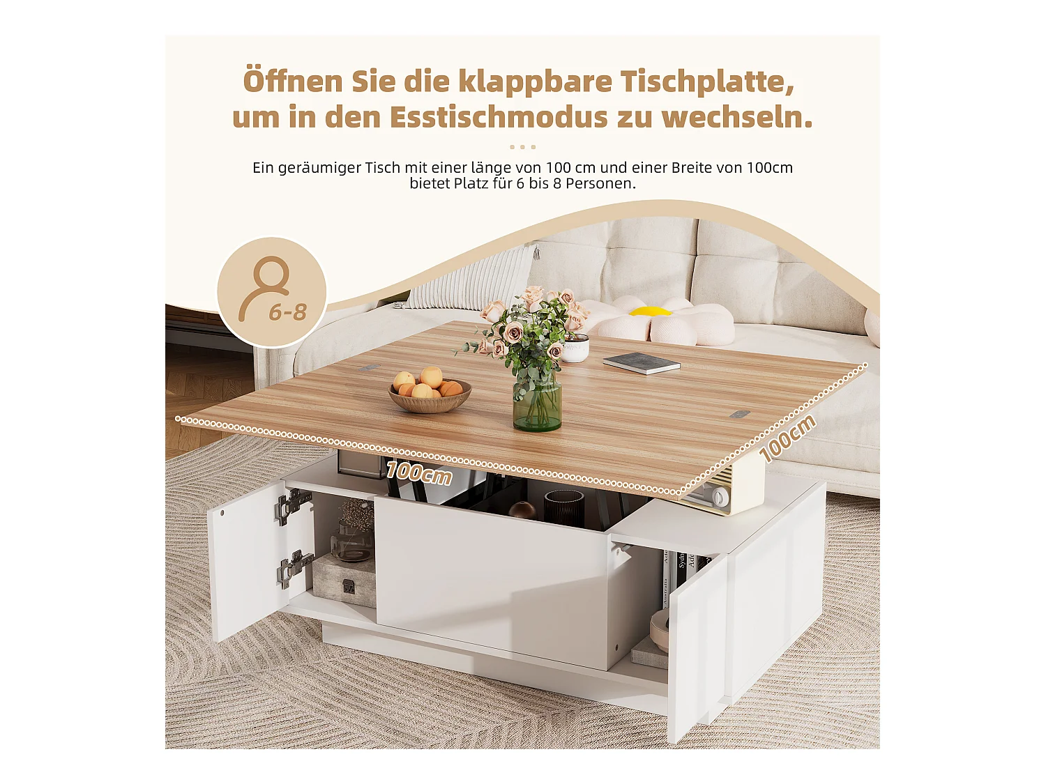 Table basse moderne relevable - 100 x 50 x 40 cm - avec 2 portes + rangement caché - aggloméré - blanc