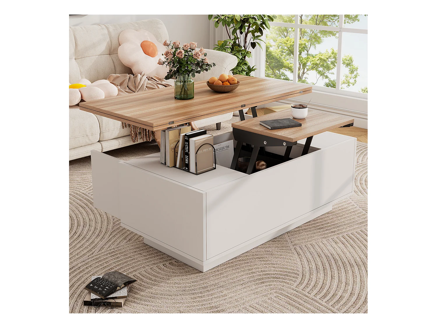 Table basse moderne relevable - 100 x 50 x 40 cm - avec 2 portes + rangement caché - aggloméré - blanc