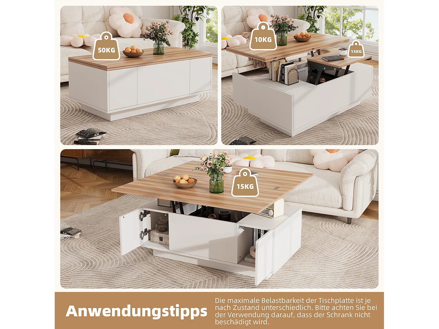 Moderne opklapbare salontafel - 100 x 50 x 40 cm - met 2 deuren + verborgen opbergruimte - spaanplaat - wit
