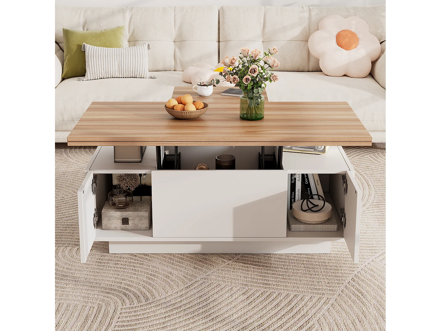 Moderne opklapbare salontafel - 100 x 50 x 40 cm - met 2 deuren + verborgen opbergruimte - spaanplaat - wit