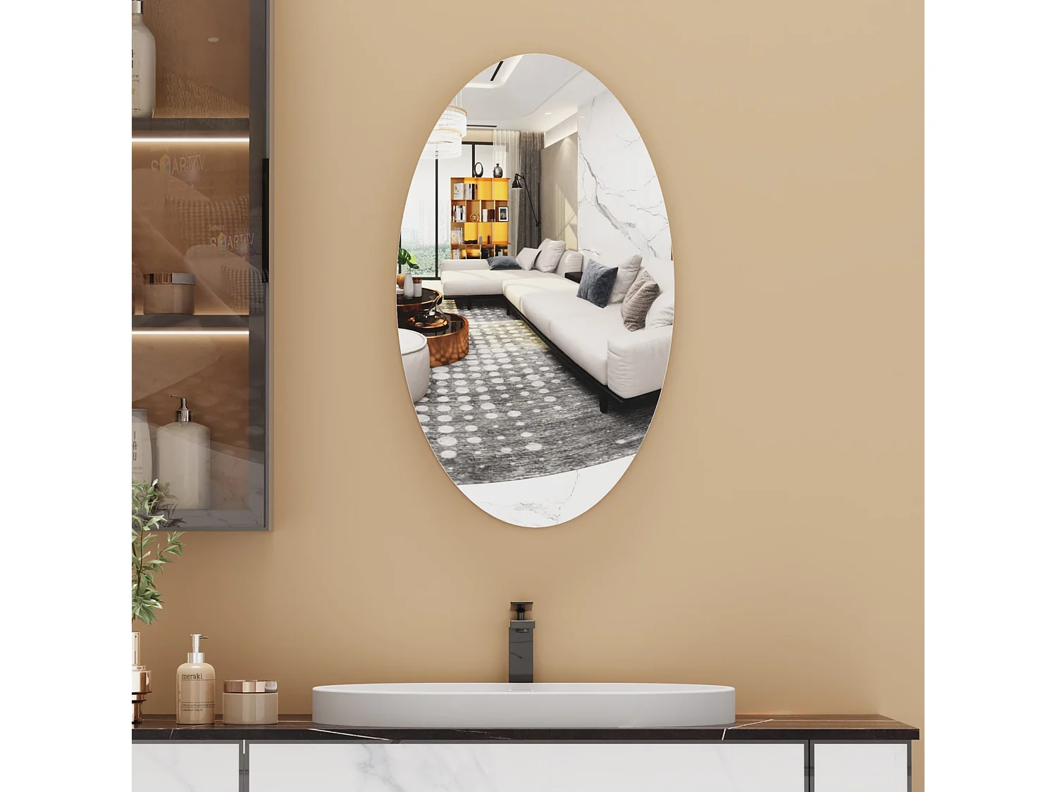 Miroir mural ovale sans cadre, design moderne, pour salle de bain ou chambre, 64x37 cm