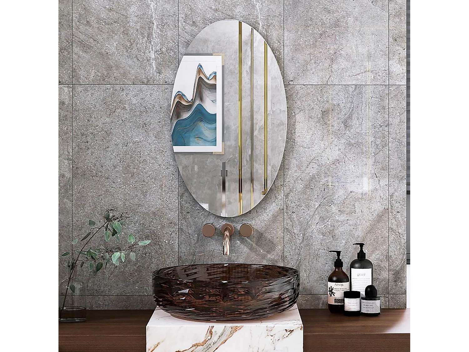 Miroir mural ovale sans cadre, design moderne, pour salle de bain ou chambre, 64x37 cm
