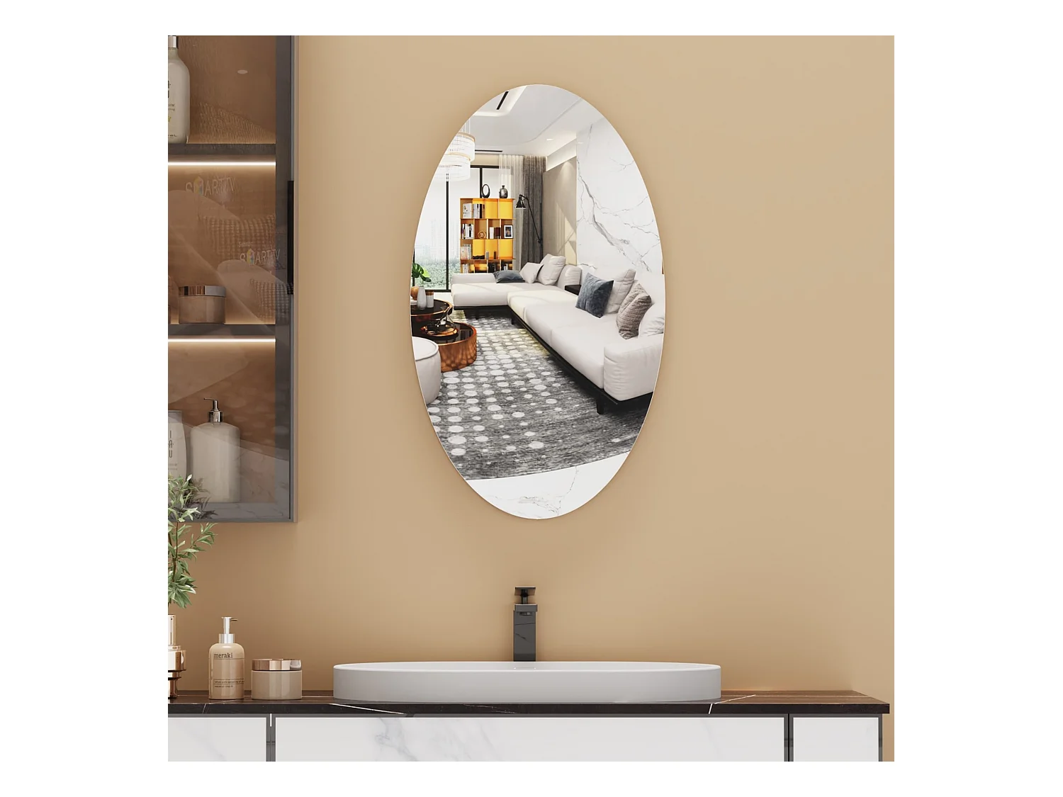 Espejo de pared ovalado sin marco, diseño moderno, para baño o dormitorio, 64 x 37 cm