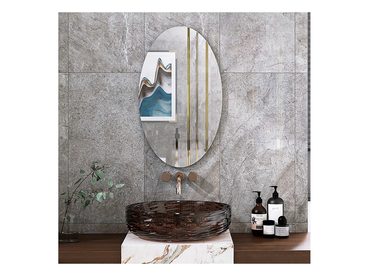 Espejo de pared ovalado sin marco, diseño moderno, para baño o dormitorio, 64 x 37 cm