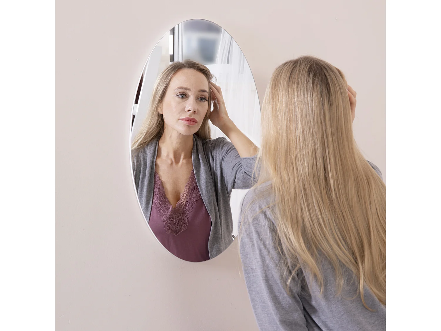 Miroir mural ovale sans cadre, design moderne, pour salle de bain ou chambre, 64x37 cm