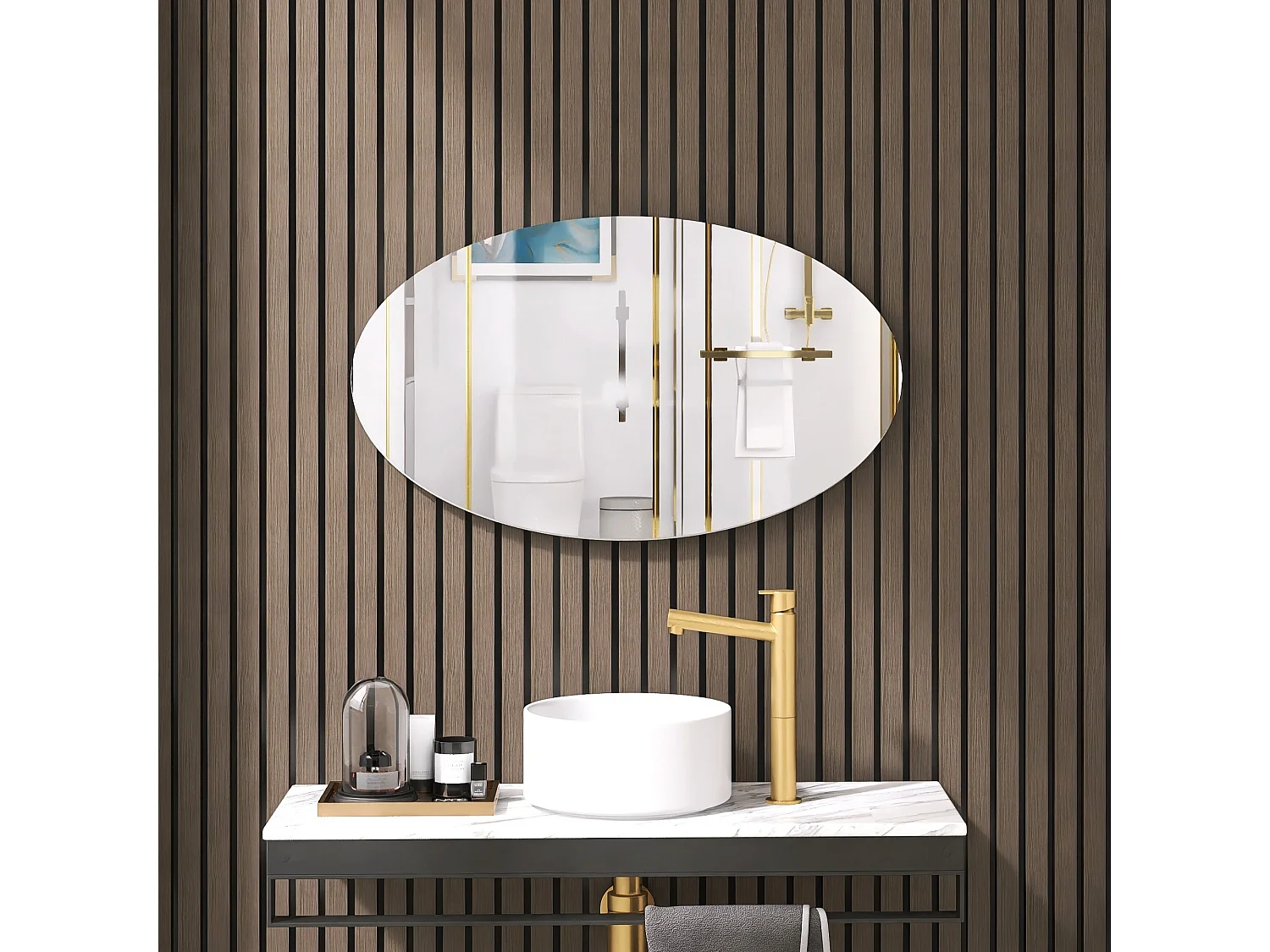 Miroir mural ovale sans cadre, design moderne, pour salle de bain ou chambre, 64x37 cm