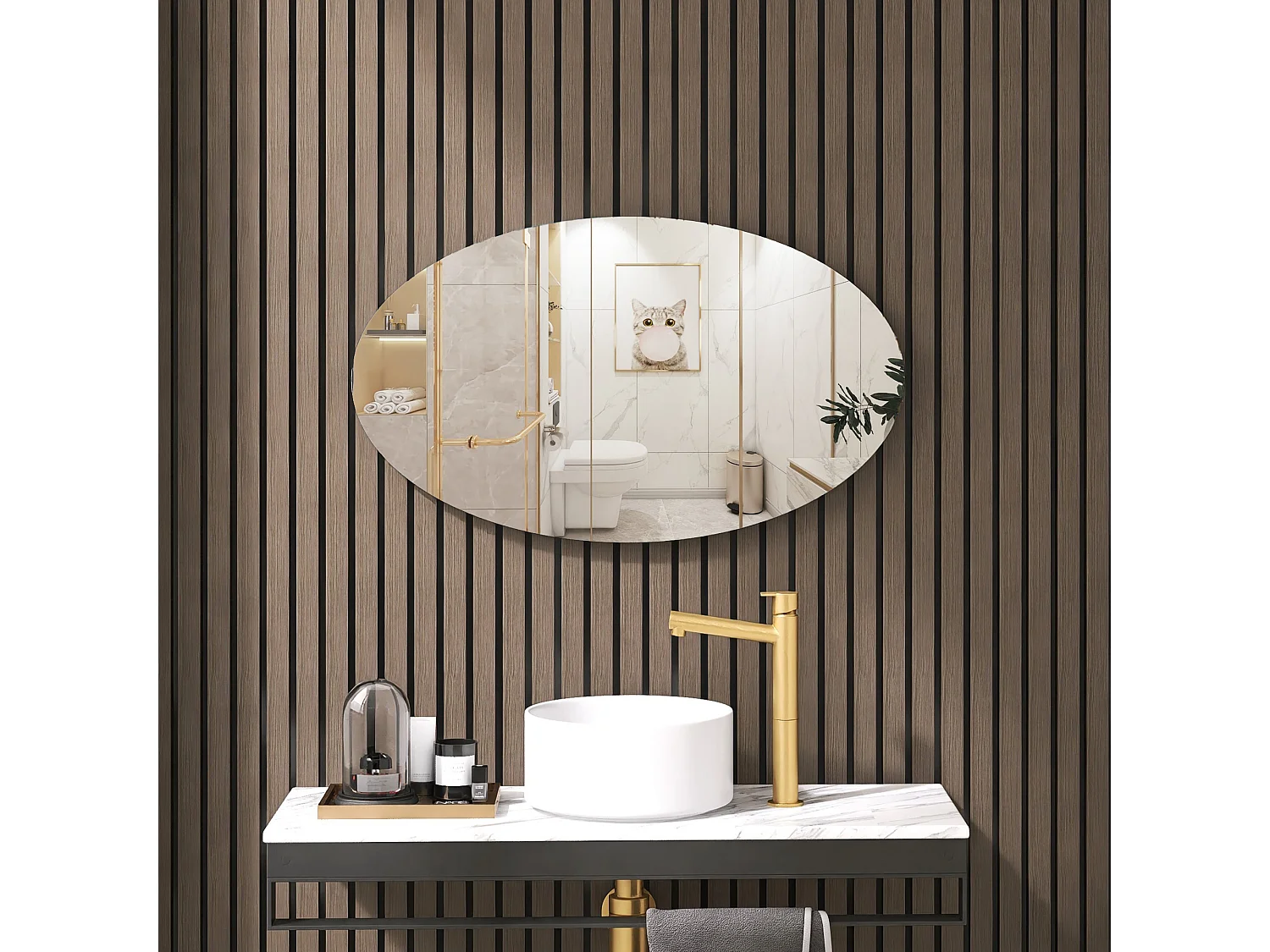 Miroir mural ovale sans cadre, design moderne, pour salle de bain ou chambre, 64x37 cm