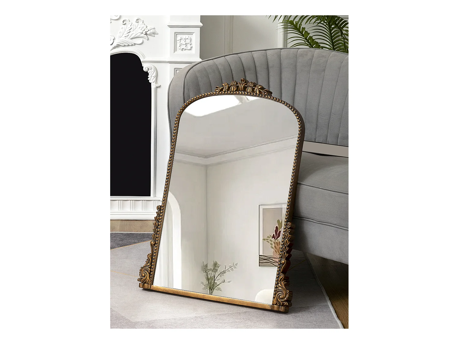 Specchio da parete ad arco vintage, cornice barocca decorata, specchio e resina, oro antico (80x4,5x59 cm)