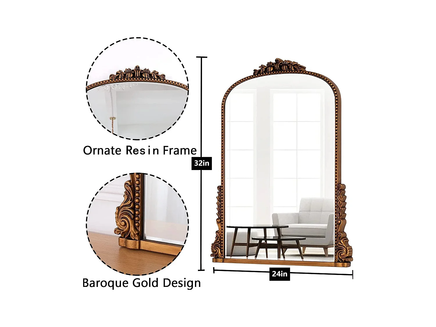 Specchio da parete ad arco vintage, cornice barocca decorata, specchio e resina, oro antico (80x4,5x59 cm)