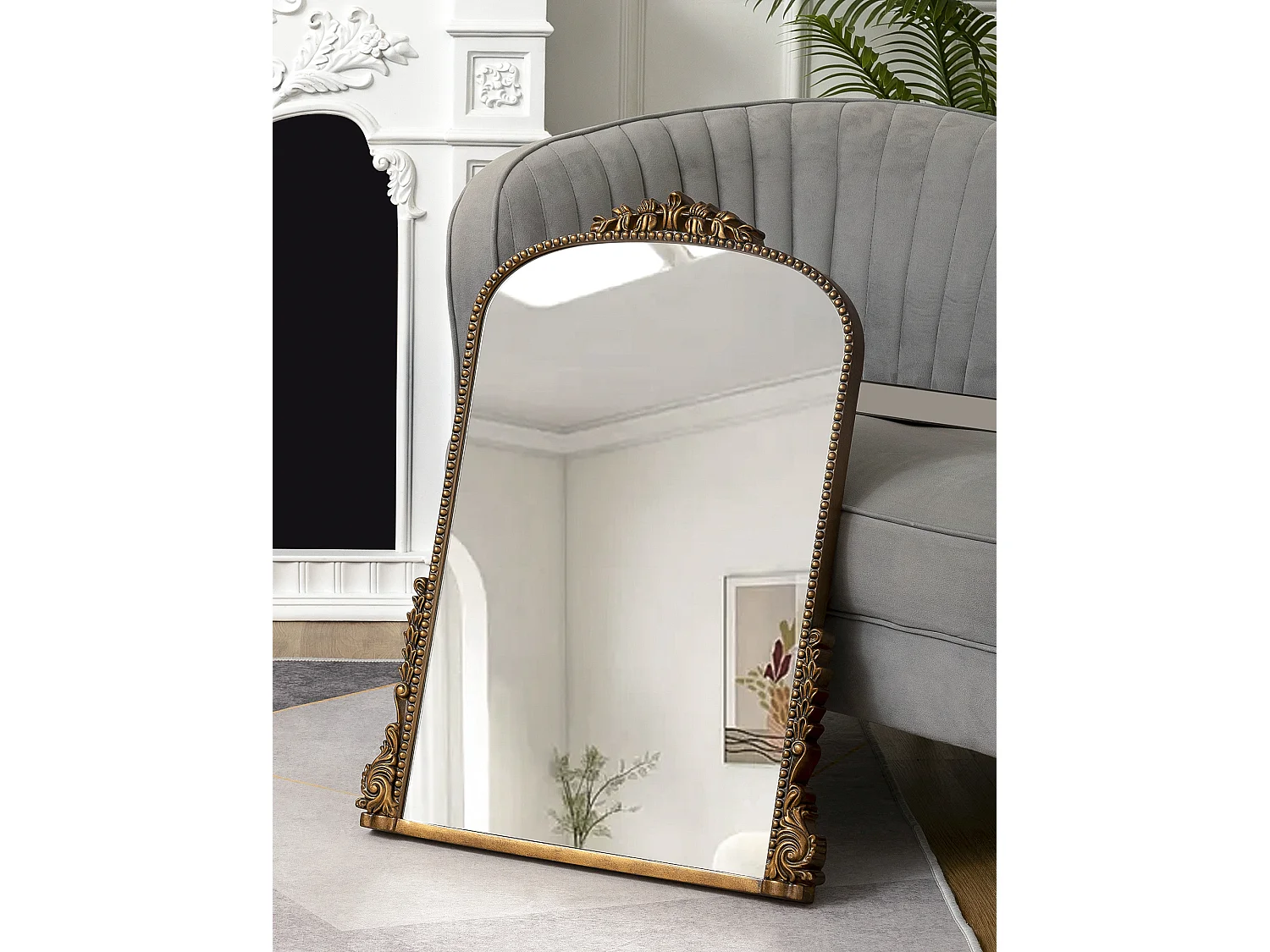 Miroir mural arqué vintage, cadre baroque orné, miroir et résine, or antique (80x4.5x59 cm)