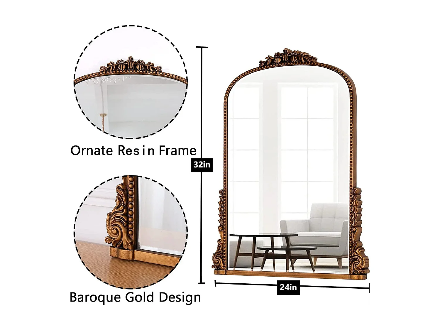 Miroir mural arqué vintage, cadre baroque orné, miroir et résine, or antique (80x4.5x59 cm)