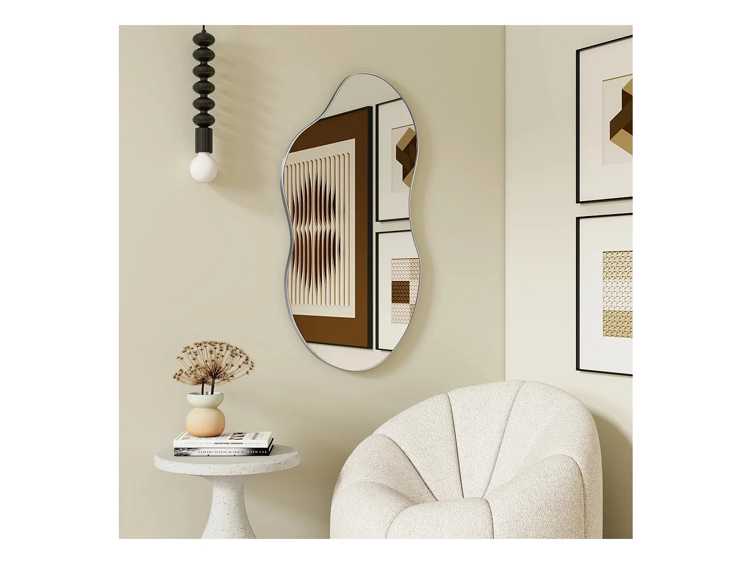 Espejo de pared asimétrico, marco de metal, diseño moderno, plata, cristal y metal (82x2x48,5 cm)