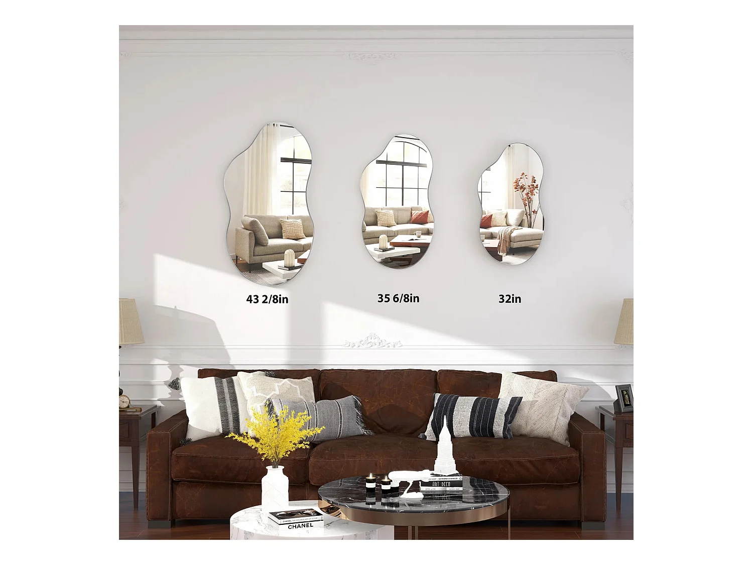 Espejo de pared asimétrico, marco de metal, diseño moderno, plata, cristal y metal (82x2x48,5 cm)