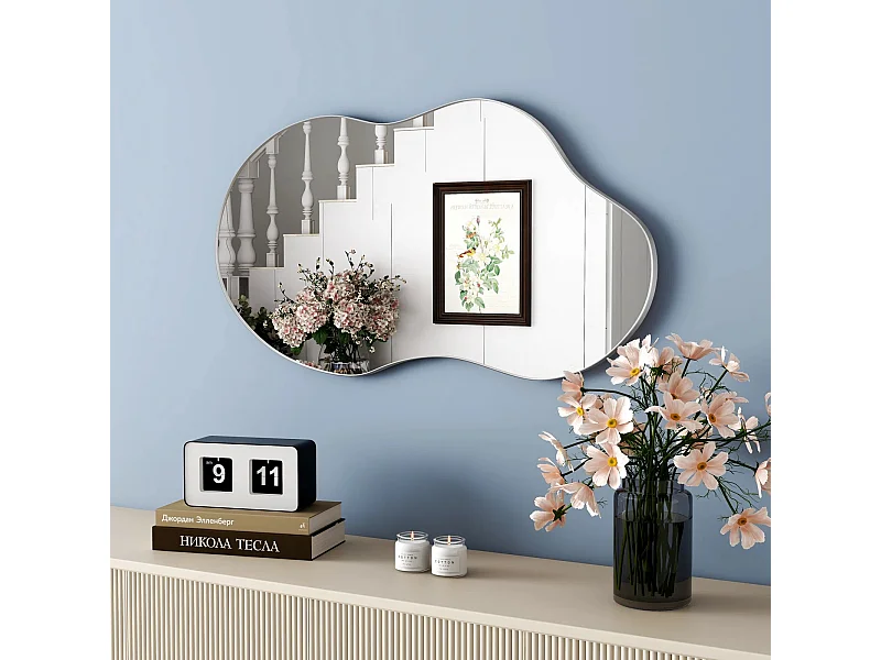 Miroir mural asymétrique, cadre en métal, design moderne, argent, verre et métal (82x2x48.5 cm)