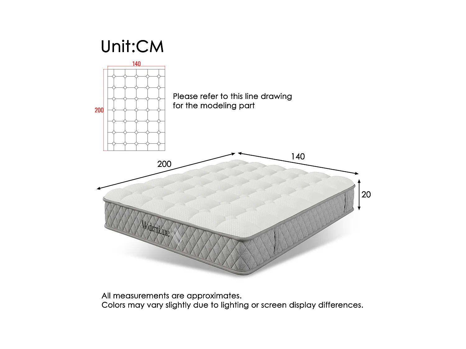 Matelas orthopédique 140x200 cm avec ressorts ensachés à 7 zones, H3, mousse froide, certifié OEKO-TEX® (200x140x20 cm)