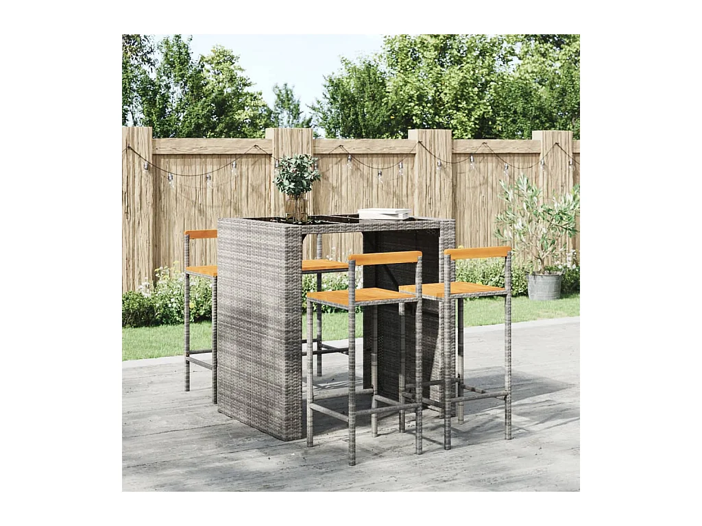 Set di 4 sgabelli da bar grigi in resina intrecciata e legno di acacia