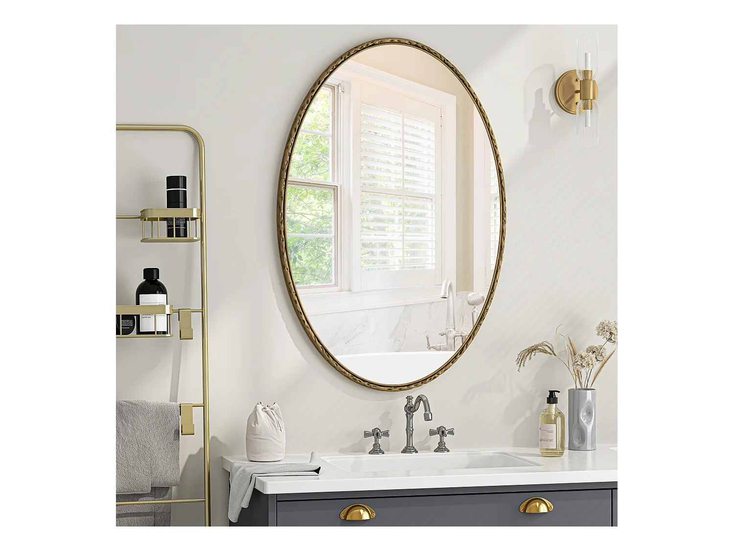 Miroir Ovale avec Cadre en Fer, Effet Antique, Accroche Murale, Verre et MDF, Doré (65x3x100 cm)