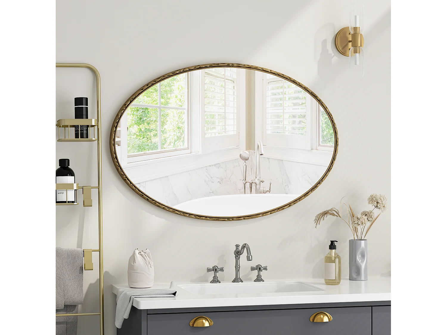 Ovale spiegel met ijzeren frame, antiek effect, wanddecoratie, glas en MDF, goud (65x3x100 cm)