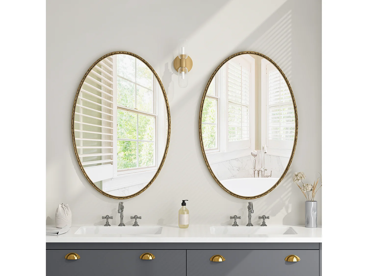 Ovale spiegel met ijzeren frame, antiek effect, wanddecoratie, glas en MDF, goud (65x3x100 cm)