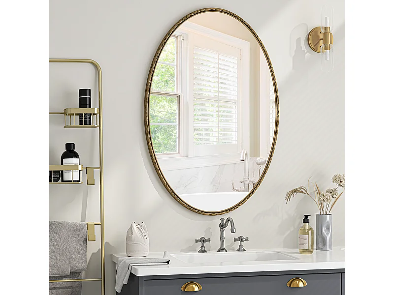 Ovale spiegel met ijzeren frame, antiek effect, wanddecoratie, glas en MDF, goud (65x3x100 cm)