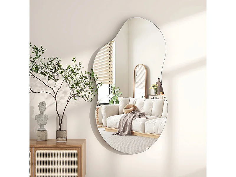 Specchio da parete asimmetrico, cornice in metallo, design moderno, vetro e MDF, argento (110x2x54,5 cm)