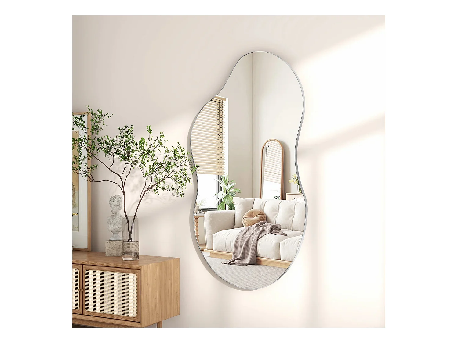 Espejo de pared asimétrico, marco de metal, diseño moderno, cristal y MDF, color plata (110x2x54,5 cm)