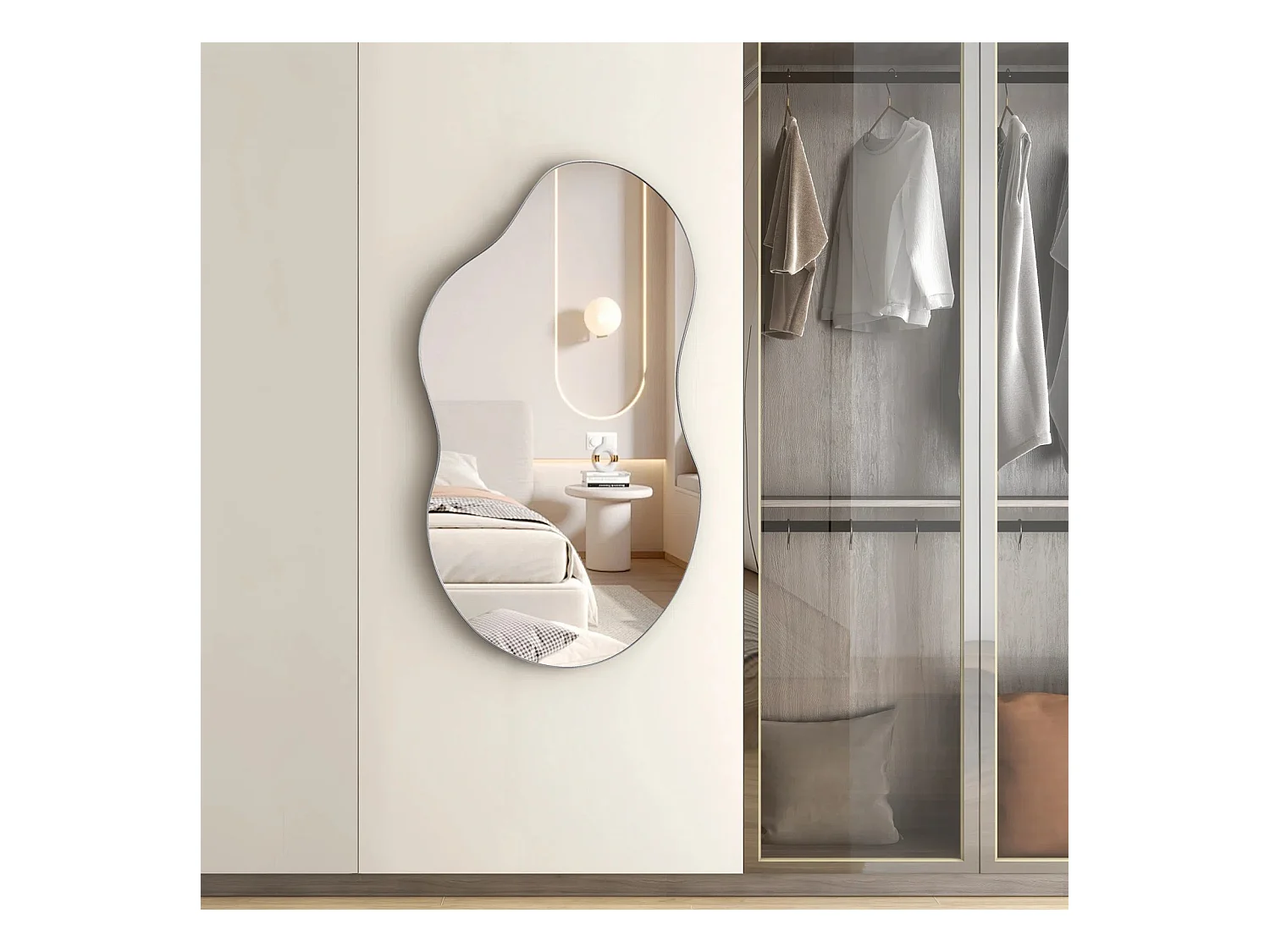 Espejo de pared asimétrico, marco de metal, diseño moderno, cristal y MDF, color plata (110x2x54,5 cm)