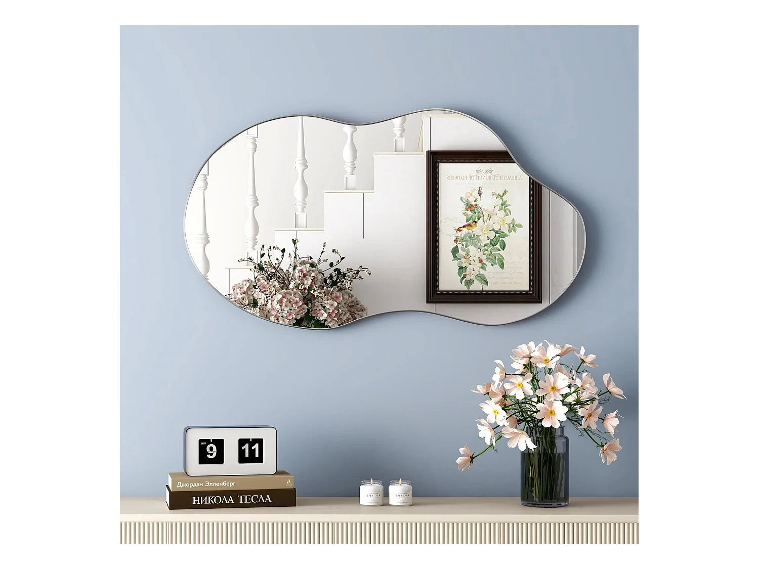 Espejo de pared asimétrico, marco de metal, diseño moderno, cristal y MDF, color plata (110x2x54,5 cm)