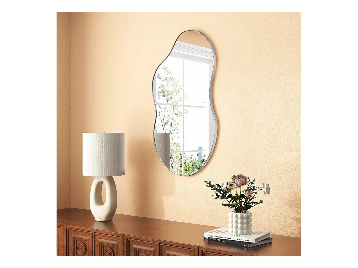 Espejo de pared asimétrico, marco de metal, diseño moderno, cristal y MDF, color plata (110x2x54,5 cm)